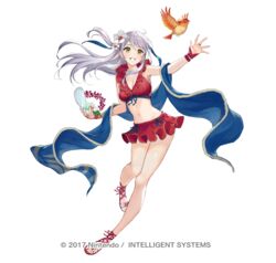  2017 bare_arms bare_legs bikini bikini_skirt bird breasts commentary_request company_name female fire_emblem fire_emblem:_radiant_dawn fire_emblem_heroes flower frilled_bikini frills grey_hair grin hair_flower hair_ornament haru_(hiyori-kohal) jewelry long_hair medium_breasts micaiah_(fire_emblem) micaiah_(summer)_(fire_emblem) official_art red_bikini ring sandals shell simple_background smile solo swimsuit watermark white_background yellow_eyes yune_(fire_emblem) 