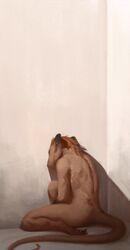  2020 anthro back_groove bare_back brown_body brown_fur brown_hair detailed_background digital_media_(artwork) female fur hair hi_res honovy looking_away mammal murid murine nude rat rodent sitting solo 