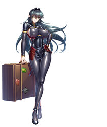  annerose_vajra black_hair bodysuit breasts commentary_request cropped_jacket female full_body highres holding holding_suitcase impossible_clothes kagami_hirotaka koutetsu_no_majo_annerose large_breasts latex long_hair official_art sideboob simple_background smile solo suitcase sword taimanin_(series) taimanin_rpgx very_long_hair weapon white_background yellow_eyes zipper zipper_pull_tab 