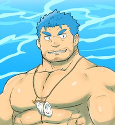  1boy abs bara blue_eyes blue_hair brown_hair commentary_request facial_hair highres large_pectorals male_focus muscular muscular_male partial_commentary pectorals simple_background smile solo tokyo_afterschool_summoners triton_(housamo) upper_body water yanutorie 