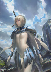  armor blonde_hair blue_eyes bob_cut bodysuit clare_(claymore) claymore_(series) closed_mouth cloud commentary female grass leo_chuang lips mountainous_horizon outdoors short_hair shoulder_armor shoulder_pads sky straight_hair weapon weapon_on_back 