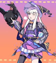  candy commentary death_knight_(fire_emblem) english_commentary female fire_emblem fire_emblem:_three_houses food gradient_background graysheartart halloween halloween_costume hat helmet highres holding holding_candy holding_food holding_lollipop lollipop long_hair long_sleeves lysithea_von_ordelia one_eye_closed open_mouth pink_eyes simple_background twitter_username white_hair witch_hat 