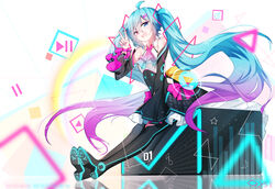  ahoge bare_shoulders black_dress black_footwear black_sleeves black_thighhighs blue_eyes blue_hair blue_nails blurry blurry_foreground boots chinese_commentary commentary_request depth_of_field detached_sleeves dress eighth_note female glowing gradient_hair hair_between_eyes hair_ornament hand_up hatsune_miku long_hair long_sleeves multicolored_hair musical_note nail_polish partial_commentary play_button power_symbol purple_hair qys3 red_eyes shoe_soles sitting sleeveless sleeveless_dress solo star_(symbol) thigh_boots thighhighs twintails v very_long_hair vocaloid white_background wide_sleeves 