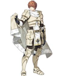  1boy 88_taho armor armored_boots boots brown_eyes cape conrad_(fire_emblem) fire_emblem fire_emblem_echoes:_shadows_of_valentia fire_emblem_heroes full_body fur_trim gloves highres male_focus official_art orange_hair scarf solo transparent_background weapon white_armor 