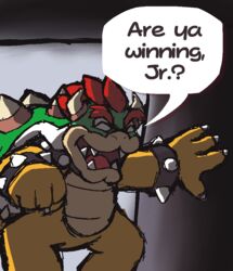  2020 anthro are_ya_winning_son? asking bowser bracelet claws closed_eyes collar dark_room dialogue donutpastry door doorway element_drop_shadow english_text eyebrows green_body green_shell green_skin hair horn humor jewelry king koopa male mario_bros meme multicolored_body multicolored_skin nintendo open_mouth pink_tongue question question_mark red_eyebrows red_hair royalty scalie sharp_teeth shell short_hair smile solo speech_bubble speech_bubble_drop_shadow spiked_bracelet spiked_tail spikes spikes_(anatomy) standing tail tan_body tan_skin teeth text tongue white_horn yellow_body yellow_skin yellow_tail yes-no_question 