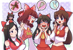  5girls :d apron ascot black_eyes black_hair blunt_bangs blush border bow breasts bright_pupils brown_hair character_name clothes_writing commentary_request cookie_(touhou) detached_sleeves drooling frilled_bow frilled_hair_tubes frills grater hair_between_eyes hair_tubes hairbow hakurei_reimu hotaruda_(cookie) katana long_hair looking_at_another looking_to_the_side medium_breasts medium_hair mini_person minigirl multiple_girls navel necktie noel_(cookie) nose_blush odennoden open_mouth pink_apron red_bow red_shirt red_skirt rurima_(cookie) scarf shinonome_(cookie) shiromiya_rei shirt skirt skirt_set sleeveless sleeveless_shirt sleeves_past_wrists smile sword touhou twitter_username upper_body weapon white_border white_pupils white_scarf white_sleeves yellow_ascot yellow_necktie 