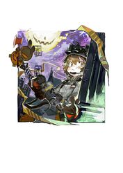  animal_ears_helmet arknights axe blush brown_eyes brown_hair chest_strap chin_strap chinese_commentary church coat commentary female framed grey_coat helmet holding holding_weapon jack-o&#039;-lantern looking_at_viewer moon outdoors outside_border pipidan purple_sky shaw_(arknights) shaw_(cleansweeper_in_the_castle)_(arknights) short_hair sky solo stuffed_animal stuffed_rabbit stuffed_toy tears weapon 