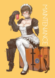  absurdres amputee apron bangs black_dress black_footwear blunt_bangs breasts brown_hair can center_frills choker cleavage coca-cola cyborg dress english_text female frilled_choker frills full_body glasses hair_bun high_heels highres knees_together_feet_apart kuon_(kwonchanji) large_breasts maid maid_headdress mechanical_arms mechanical_leg mechanical_parts mole mole_under_mouth original puffy_sleeves red_eyes rimless_eyewear severed_arm severed_limb short_hair simple_background single_thighhigh sitting sitting_on_object soda_can solo suitcase thighhighs triangle_mouth triple_amputee very_short_hair waist_apron white_legwear wire yellow_background 