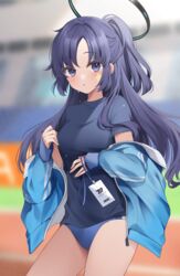  black_shirt blue_archive blue_buruma blue_jacket bottle buruma female gym_uniform halo highres ichinose_(sorario) id_card jacket lanyard official_alternate_costume partially_unzipped ponytail purple_eyes purple_hair shirt solo sportswear star_(symbol) sticker sticker_on_face track_jacket water_bottle yuuka_(blue_archive) yuuka_(track)_(blue_archive) 