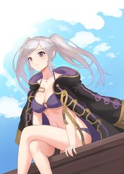  bikini blue_sky braid breasts brown_eyes cleavage closed_mouth cloud coat coat_on_shoulders crossed_legs day female fire_emblem fire_emblem_awakening fire_emblem_heroes french_braid highres jewelry necklace o-ring o-ring_bikini robin_(female)_(fire_emblem) robin_(female)_(summer)_(fire_emblem) robin_(fire_emblem) sitting sky smile solo spiffydc swimsuit twintails twitter_username white_hair 