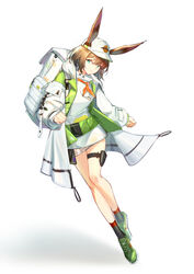  absurdres alche_(benruce) alternate_costume alternate_hair_length alternate_hairstyle amiya_(arknights) animal_ears arknights backpack bag bare_legs baseball_cap blue_eyes breasts brown_hair chinese_commentary closed_mouth coat commentary cross-laced_footwear dress female full_body green_coat green_footwear hair_between_eyes hat highres holster looking_at_viewer medium_breasts multicolored_coat neck_ribbon open_clothes open_coat orange_ribbon rabbit_ears rhodes_island_logo_(arknights) ribbon shoes short_dress short_hair simple_background smile solo thigh_holster thigh_strap turtleneck turtleneck_dress two-tone_coat white_background white_coat white_dress white_hat 