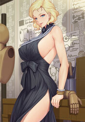  bare_shoulders black_dress blonde_hair blue_eyes bracelet breasts bucket diagram dress evening_gown female gonster highres jewelry large_breasts leaning_back mannequin necklace original pearl_bracelet pearl_necklace short_hair side_slit sideboob smile solo standing table thighs 