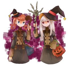  2girls annette_fantine_dominic bag blue_eyes commentary_request fire_emblem fire_emblem:_three_houses garreg_mach_monastery_uniform halloween_bucket handbag hat holding holding_staff long_hair long_sleeves lysithea_von_ordelia multiple_girls orange_hair pink_eyes staff thyrsus_(fire_emblem) twintails uniform vianchiel white_hair witch_hat 