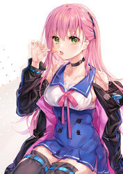  azur_lane bare_shoulders black_thighhighs blush breasts candy choker collarbone female food green_eyes hair_ornament hairclip holding holding_food jacket jewelry large_breasts lollipop long_hair looking_at_viewer medium_breasts memphis_(azur_lane) neck_ribbon open_mouth pf photoshop_(medium) pink_hair pink_ribbon ribbon saliva saliva_trail shirt sidelocks sitting sleeveless solo thighhighs tongue tongue_out white_shirt 