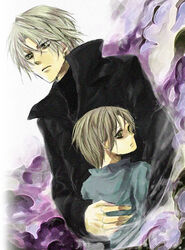  2boys blonde_hair darius_shan father_and_son hug jacket looking_back male_focus multiple_boys painting_(medium) platinum_blonde_hair short_hair skn_nks steve_leonard the_saga_of_darren_shan traditional_media turtleneck watercolor_(medium) 