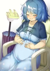  bad_id bad_pixiv_id blue_capelet blue_dress blue_hair blue_ribbon blush breasts capelet chair closed_eyes closed_mouth collarbone commentary dress female happy large_breasts on_chair piyodesu plump pregnant ribbon short_hair sitting smile solo tatara_kogasa touhou umbrella 