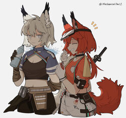  2girls absurdres animal_ear_fluff animal_ears arknights ashlock_(arknights) ashlock_(elite_ii)_(arknights) bad_id bad_twitter_id black_shirt black_shorts bottle breasts brown_gloves cleavage closed_eyes commentary crop_top cropped_legs english_commentary flametail_(arknights) flametail_(sport_for_all)_(arknights) gloves grey_background grey_eyes grey_hair grin hair_between_eyes highres holding holding_bottle long_hair low_ponytail mechanical_owl midriff multiple_girls navel notice_lines ponytail red_hair red_shirt shirt short_shorts short_sleeves shorts simple_background small_breasts smile squirrel_ears squirrel_girl squirrel_tail tail twitter_username water_bottle white_gloves white_shorts 