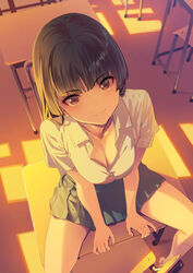  arm_support between_legs black_hair blunt_bangs breasts brown_eyes chair classroom cleavage collarbone desk dress_shirt evening female foreshortening from_above hand_between_legs head_tilt highres indoors kneehighs long_hair looking_at_viewer looking_up medium_breasts on_desk open_clothes open_shirt original pleated_skirt school school_chair school_desk school_uniform shimotsuki_eight shirt short_sleeves sidelocks sitting skirt smile socks solo spread_legs sunlight window_shadow 