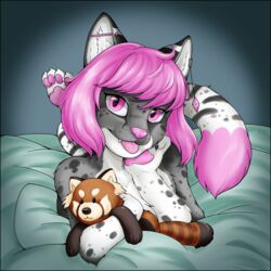  1:1 anthro bed blep domestic_cat ear_piercing felid feline felis female fluffy fluffy_chest fluffy_tail fur furniture fynnley_(character) grey_body grey_fur hair hi_res industrial_piercing kaffeekatze mammal mixed_breed pawpads paws piercing pink_eyes pink_hair pink_nose pink_tail_tuft plushie savannah_cat solo tail tail_tuft tongue tongue_out tuft 