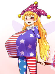  alternate_breast_size american_flag blonde_hair breast_expansion breasts clownpiece dress fairy fairy_wings female frilled_shirt_collar frills gigantic_breasts hat highres itou_yuuji jester_cap long_hair neck_ruff oppai_loli pantyhose pink_eyes polka_dot solo touhou very_long_hair wings 