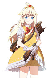  ahoge alternator apex_legends blonde_hair blue_eyes blush bow bowtie charge_rifle cowboy_shot dress female gloves grin gun highres holding holding_gun holding_weapon indie_virtual_youtuber left-handed long_hair looking_at_viewer open_mouth pastel_uyu red_bow ruipi short_sleeves simple_background smile solo standing tiara trigger_discipline virtual_youtuber weapon white_background white_gloves yellow_dress 