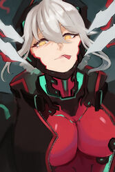  android bodysuit breasts bright_pupils chin_guard cleavage closed_mouth cropped_hoodie cyberpunk female glowing glowing_eyes hair_between_eyes highres hood hoodie horns large_breasts mechanical_parts red_bodysuit science_fiction short_hair slit_pupils solo tongue tongue_out upper_body virtual_youtuber vshojo white_hair white_pupils yellow_eyes ynon_amai zentreya zentreya_(cyborg) zentreya_(cyborg)_(1st_costume) 