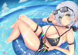  bikini clouds erect_nipples gray_hair green_eyes hololive shirogane_noel sky spekkio36 sunglasses swim_ring swimsuit water 