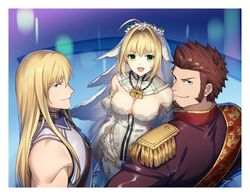  2boys 47_(479992103) ahoge bangs beard blonde_hair blue_eyes breasts brown_hair chest cleavage facial_hair fate/extra fate/extra_ccc fate/grand_order fate_(series) female fionn_mac_cumhaill_(fate/grand_order) green_eyes hair_between_eyes long_hair long_sleeves looking_at_viewer multiple_boys napoleon_bonaparte_(fate/grand_order) nero_claudius_(bride)_(fate) nero_claudius_(fate)_(all) open_mouth short_hair sleeveless smile very_long_hair 