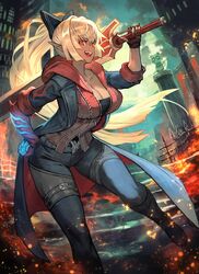  :d animal_costume black_footwear black_gloves blonde_hair blue_pants boots bow breasts city cleavage cloud cloudy_sky coat collarbone cosplay dark-skinned_female dark_skin devil_bringer devil_may_cry_(series) devil_may_cry_4 elf female finger_on_trigger fingerless_gloves fire floating_hair gloves hairbow hand_on_own_hip highres holding holding_sword holding_weapon hololive hood hood_down hooded_jacket jacket kintsuba_(shiranui_flare) knee_boots lack large_breasts light_particles long_hair looking_at_viewer multicolored_hair nero_(devil_may_cry) nero_(devil_may_cry)_(cosplay) official_art open_clothes open_coat open_mouth panda_costume pants pointy_ears ponytail red_eyes red_queen_(sword) shiranui_flare sidelocks sky smile solo streaked_hair sword virtual_youtuber weapon 