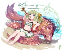  beach bikini bugle female granblue_fantasy green_hair harvin instrument kazana_(sakuto) lying mimlememel music musical_note navel on_back playing_instrument pointy_ears ponytail purple_eyes sea_turtle signature solo swimsuit turtle turtleton 