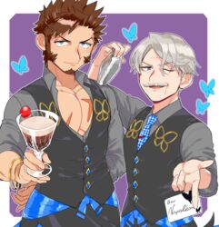  2boys alternate_costume alternate_hairstyle blue_butterfly blue_eyes brown_hair bug butterfly cocktail_shaker commentary_request cosplay facial_hair fate/grand_order fate_(series) food goatee ice_cream james_moriarty_(archer)_(fate) james_moriarty_(archer)_(fate)_(cosplay) james_moriarty_(gray_collar)_(fate) long_sideburns long_sleeves looking_at_viewer male_focus matching_outfits multiple_boys napoleon_bonaparte_(fate) necktie pants pectorals scar shitappa short_hair sideburns simple_background smile toned toned_male uniform 