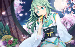  aqua_kimono commentary_request cosplay fate/grand_order fate_(series) female folding_fan green_eyes green_hair hair_between_eyes hair_ornament hairclip hand_fan holding holding_fan japanese_clothes kantai_collection kimono kiyohime_(fate) kiyohime_(fate)_(cosplay) long_hair obi parted_bangs pelvic_curtain photoshop_(medium) ponytail sash short_kimono sidelocks solo wide_sleeves yamakaze_(kancolle) yasume_yukito 