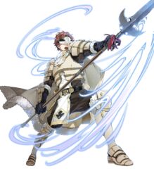  1boy 88_taho armor armored_boots aura boots cape conrad_(fire_emblem) fire_emblem fire_emblem_echoes:_shadows_of_valentia fire_emblem_heroes full_body fur_trim gloves highres male_focus mask official_art open_mouth orange_hair polearm scarf solo spear teeth transparent_background weapon white_armor 