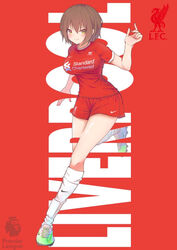  brown_eyes brown_hair cleats england female hachimitsu_shitate liverpool_fc nike_(company) original premier_league red_background red_shirt red_shorts shin_guards shiny_skin shirt short_hair shorts soccer socks sponsor sportswear white_socks 