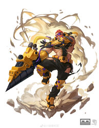  1boy abs absurdres bara beard character_request clothing_cutout copyright_request drill_hand earrings facial_hair fighting_stance full_body goggles highres huge_weapon jewelry male_focus mature_male muscular muscular_male orange_hair original pants pectorals prosthetic_weapon revealing_clothes short_hair sidepec solo stomach thick_thighs thigh_cutout thighs torn_clothes torn_pants weapon xiaolumiaoliya 