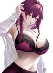  absurdres blush bra breasts collarbone female highres honkai:_star_rail honkai_(series) huge_breasts kafka_(honkai:_star_rail) lace-trimmed_bra lace_trim linea_alba long_hair long_sleeves looking_at_viewer navel open_mouth pantyhose purple_eyes purple_hair purple_pantyhose sidelocks solo stomach underwear white_background yumeto_(ym-1) 