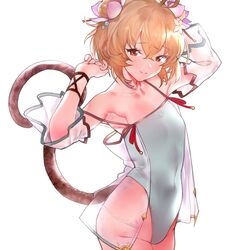  absurdres andira_(granblue_fantasy) andira_(summer)_(granblue_fantasy) animal_ears armpits arms_behind_head arms_up bare_shoulders blonde_hair blush breasts brown_eyes collarbone covered_navel erune female granblue_fantasy green_one-piece_swimsuit highleg highleg_swimsuit highres looking_at_viewer monkey_ears monkey_girl monkey_tail official_alternate_costume one-piece_swimsuit remora180 short_hair simple_background small_breasts smile solo swimsuit tail thighs white_background 