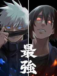  0da7rizm 2boys black_hair black_jacket blindfold blue_eyes crossover en&#039;en_no_shouboutai glowing glowing_eyes gojou_satoru high_collar highres jacket jujutsu_kaisen looking_at_viewer male_focus multiple_boys red_eyes shinmon_benimaru smile white_hair 