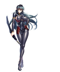  annerose_vajra black_hair bodysuit breasts cropped_jacket female full_body highres holding holding_sword holding_weapon impossible_clothes kagami_hirotaka koutetsu_no_majo_annerose large_breasts latex long_hair official_art pointy_ears sheath sheathed sideboob simple_background smile solo sword taimanin_(series) taimanin_rpgx very_long_hair weapon white_background yellow_eyes zipper zipper_pull_tab 