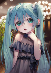  aged_down ahoge aqua_eyes aqua_hair arm_behind_back bare_arms bare_shoulders black_bow black_dress blurry blurry_background bow bow_earrings commentary dot_nose dress earrings english_commentary female forehead hair_between_eyes hair_ornament hair_scrunchie hand_up hatsune_miku highres indoors jewelry light_blush long_hair looking_at_viewer necklace nyamunyamu off-shoulder_dress off_shoulder open_mouth pearl_necklace plant potted_plant ribbon scrunchie signature solo sparkle twintails very_long_hair vocaloid 