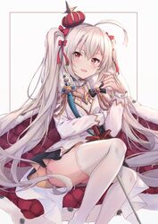  :d ahoge azur_lane blonde_hair blush cape crown female fur-trimmed_cape fur_trim hakuya_(white_night) highres holding long_hair looking_at_viewer open_mouth red_eyes ribbon smile solo thighhighs twintails valiant_(azur_lane) very_long_hair white_thighhighs zettai_ryouiki 