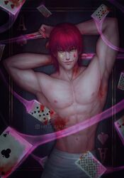  1boy abs absurdres armpits arms_up artcami blood blood_on_arm blood_on_hands card closed_mouth club_(shape) commentary facial_mark fingernails hair_down hand_up highres hisoka_morow holding holding_card hunter_x_hunter jewelry long_fingernails looking_at_viewer magic male_focus muscular muscular_male navel nen_(hunter_x_hunter) nipples pants pectorals playing_card red_hair sharp_fingernails short_hair smile solo spade_(shape) star_(symbol) star_facial_mark teardrop_facial_mark topless_male white_pants yellow_eyes 