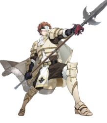  1boy 88_taho armor armored_boots boots cape conrad_(fire_emblem) fire_emblem fire_emblem_echoes:_shadows_of_valentia fire_emblem_heroes full_body fur_trim gloves highres male_focus mask official_art orange_hair polearm scarf solo spear transparent_background weapon white_armor 