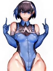  bare_shoulders black_hair blue_eyes blue_gloves blue_hair breasts cameltoe commentary_request covered_navel covered_nipples earrings elbow_gloves english_text eyeshadow female fumio_(rsqkr) gloves groin hairband highres jewelry kamen_rider kamen_rider_555 leotard lips looking_at_viewer makeup multicolored_hair narrow_waist pointing pointing_up short_hair smart_lady smile solo thick_thighs thighs wide_hips 