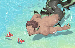  1boy absurdres back bara beard completely_nude dark-skinned_male dark_skin eel_boy facial_hair fins fish freediving from_above full_body goatee head_fins highres male_focus mature_male merman monster_boy muscular muscular_male nude original short_hair sideburns solo stubble swimming underwater water xiaolumiaoliya 