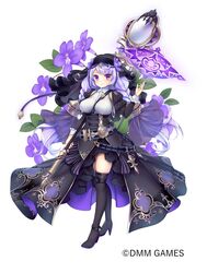  belt black_dress black_footwear boots braid breasts closed_mouth commentary_request corset dress female flower flower_knight_girl full_body halloween highres holding holding_staff large_breasts long_hair looking_at_viewer magic mg_kurino name_connection object_namesake official_art purple_eyes purple_hair simple_background smile solo staff standing streptocarpus_(flower_knight_girl) tachi-e thigh_boots thighhighs twin_braids veil white_background zettai_ryouiki 