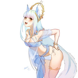  :d absurdres alche_(benruce) animal_ears arknights bandeau bare_arms bare_shoulders bikini brown_eyes commentary_request cowboy_shot criss-cross_halter female halterneck highres horse_ears horse_girl horse_tail laurel_crown leaning_back long_hair looking_at_viewer official_alternate_costume open_mouth partial_commentary platinum_(arknights) platinum_(shimmering_dew)_(arknights) simple_background smile solo standing stomach swimsuit tail thighs very_long_hair white_background white_bikini white_hair 