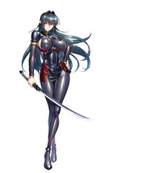  annerose_vajra black_hair bodysuit breasts commentary_request cropped_jacket female full_body highres holding holding_sword holding_weapon impossible_clothes kagami_hirotaka koutetsu_no_majo_annerose large_breasts latex long_hair official_art pointy_ears sideboob simple_background smile solo sword taimanin_(series) taimanin_rpgx very_long_hair weapon white_background yellow_eyes zipper zipper_pull_tab 