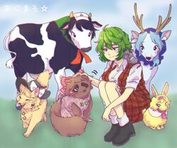  akira_(cookie) alice_margatroid anchor_print animal_on_shoulder animalization apron black_eyes black_footwear black_hair black_headwear blonde_hair blue_eyes blue_hair bovine bow braid brown_hair capelet clothes_writing collared_shirt commentary cookie_(touhou) deer female flour_(cookie) food-themed_hair_ornament fox frilled_bow frilled_skirt frills grey_hair hair_between_eyes hair_ornament hairband hairbow hakurei_reimu hat hat_bow headpat highres hood ichigo_(cookie) kazami_yuuka kirisame_marisa kumoi_ichirin milk_(cookie) mouse_(animal) murasa_minamitsu nazrin neckerchief nyon_(cookie) odennoden pink_apron pink_hairband pink_neckerchief plaid plaid_skirt plaid_vest rabbit red_bow red_eyes red_skirt red_vest rurima_(cookie) sailor_hat second-party_source shirt shoes short_hair side_braid single_braid skirt skirt_set socks squatting star_(symbol) strawberry_hair_ornament suzu_(cookie) tanuki touhou translated vest white_bow white_capelet white_legwear white_shirt witch_hat 