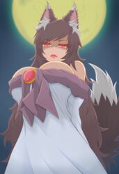  animal_ears bamboo bare_shoulders breasts brooch brown_hair cleavage commentary_request cube85 dress female full_moon glowing glowing_eyes highres imaizumi_kagerou jewelry large_breasts long_hair long_sleeves looking_at_viewer looking_down moon night night_sky oerba_yun_fang off-shoulder_dress off_shoulder open_mouth red_eyes sky solo tail touhou white_dress wide_sleeves wolf_ears wolf_tail 